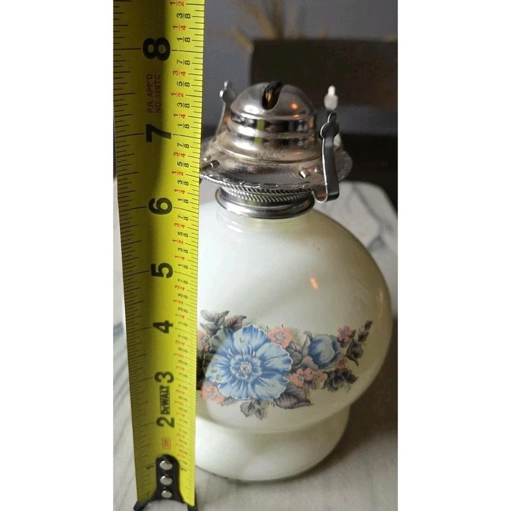 Vintage Milk Glass Oil Lamp Blue Floral Design 7